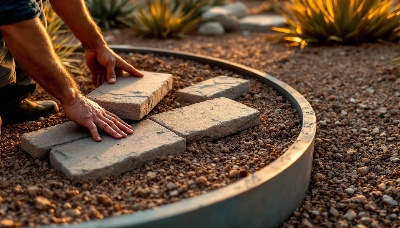 Hands setting dry-stacked Arizona flagstone into a decomposed-granite bed at dusk